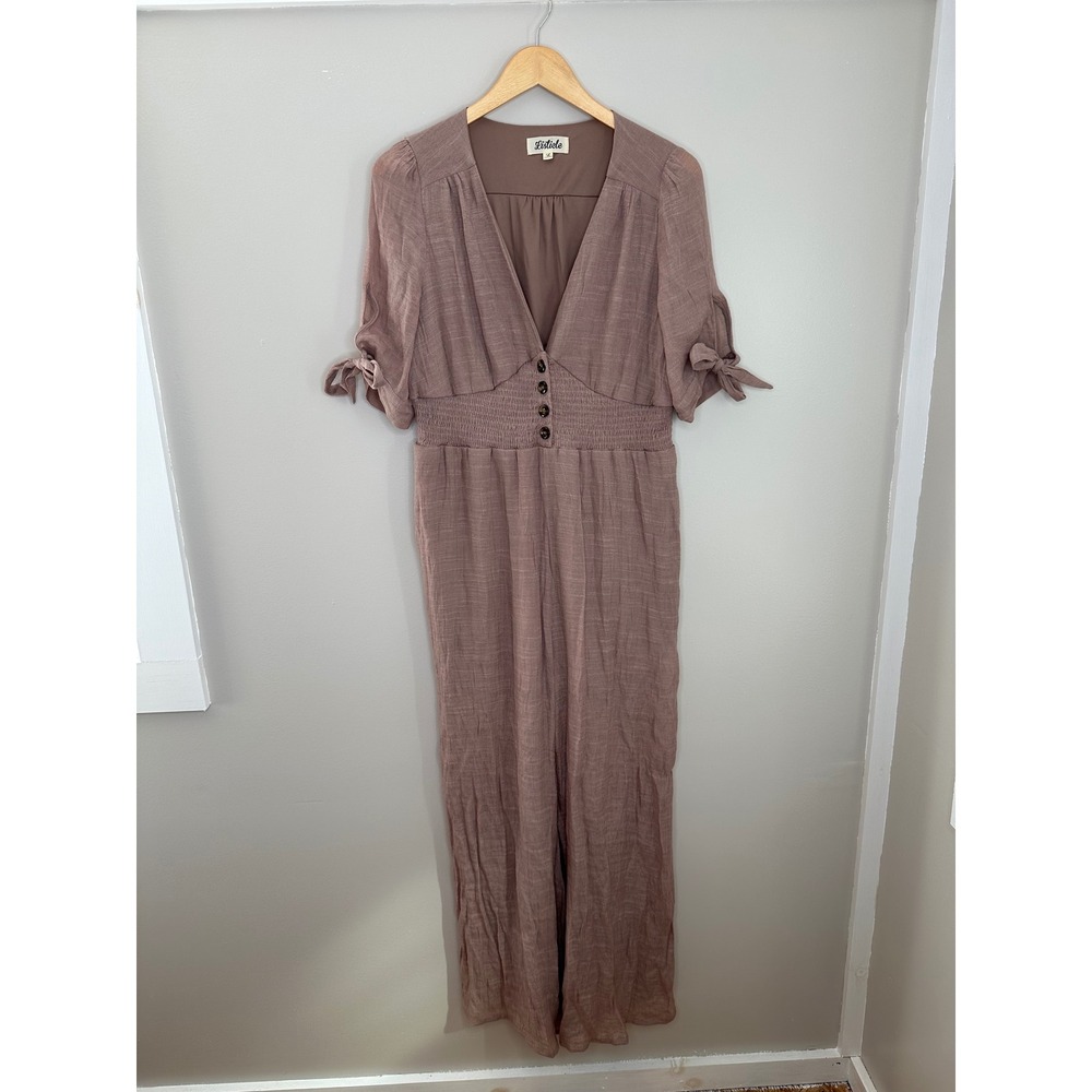 Listicle Women's Mauve Wide Leg Jumpsuit Button Front Tie Sleeve Smocked Waist L